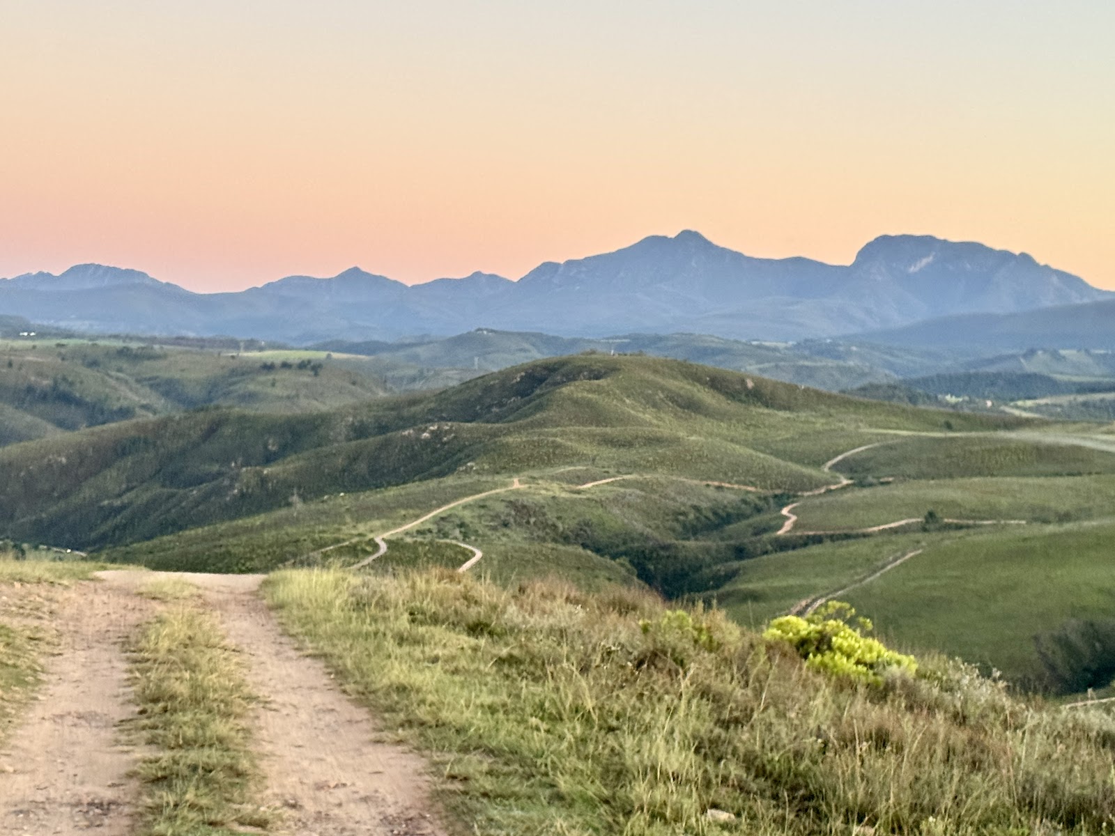 Rolling green hills and distant mountains in the soft light of dusk